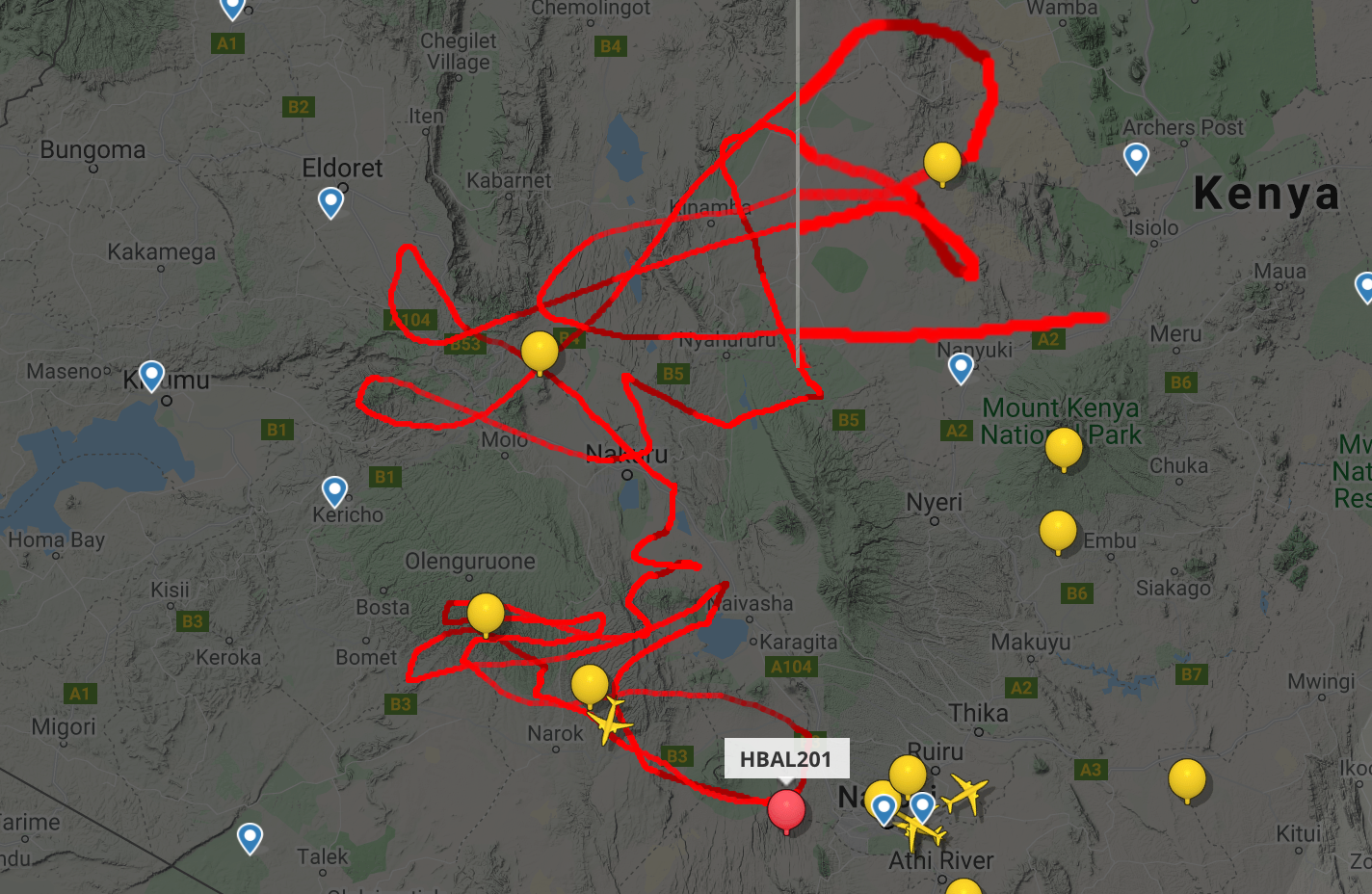 Flight-radar trace of Loon balloons over Kenya